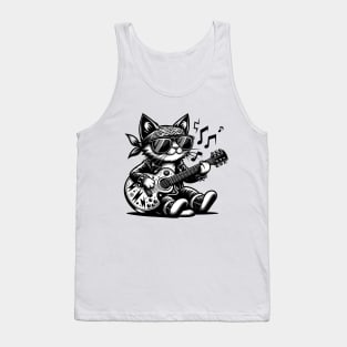 funny Cat Rock Black and White Guitar-Strumming Feline Design Tank Top